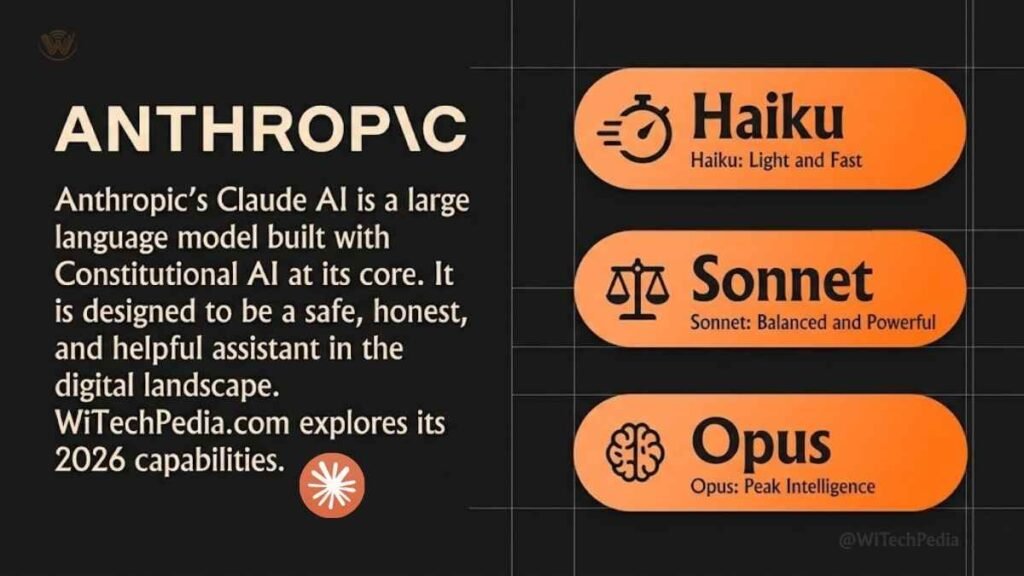 Infographic explaining what Claude AI is, built by Anthropic with Constitutional AI and three model tiers