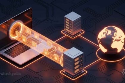 Diagram showing What is a VPN creating an encrypted tunnel between a user's laptop and the internet to secure data.