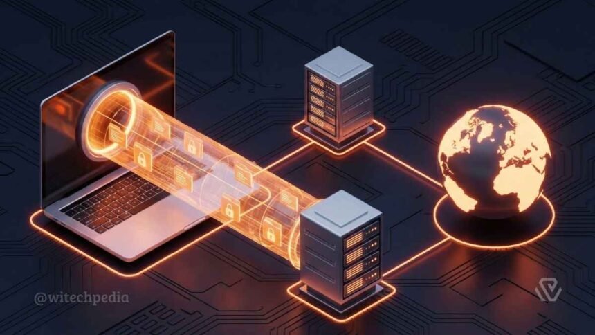 Diagram Showing What Is A Vpn Creating An Encrypted Tunnel Between A User'S Laptop And The Internet To Secure Data.