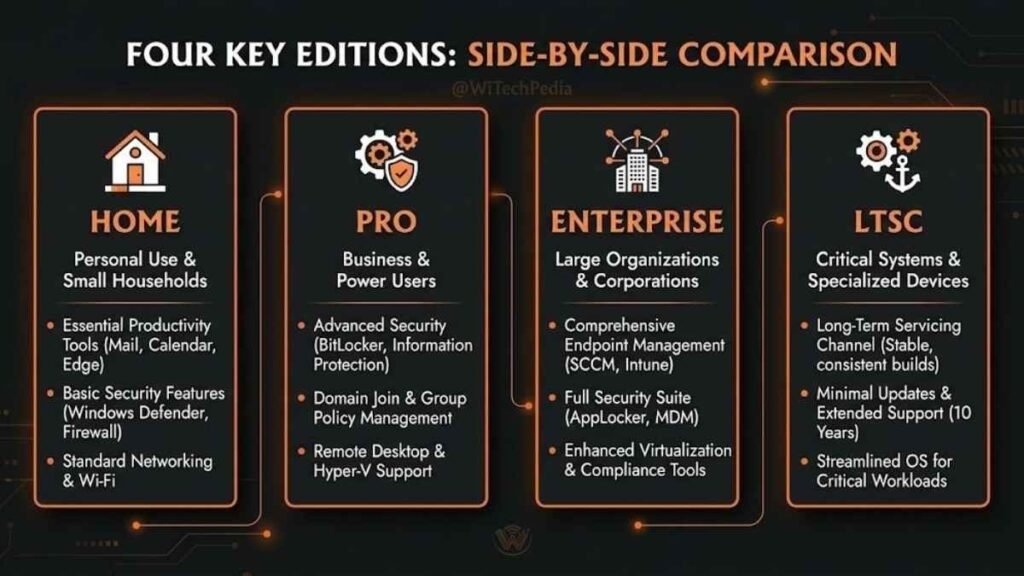 Infographic comparing Windows 10 Home, Pro, Enterprise, and LTSC editions and their target users