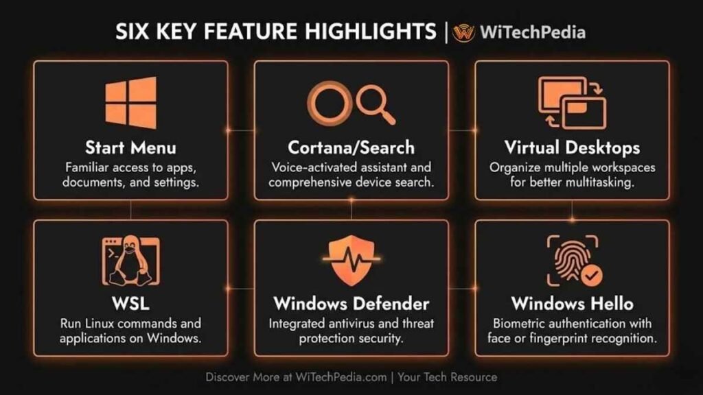 Infographic showing Windows 10 core features including Start Menu, WSL, Windows Hello, and Defender