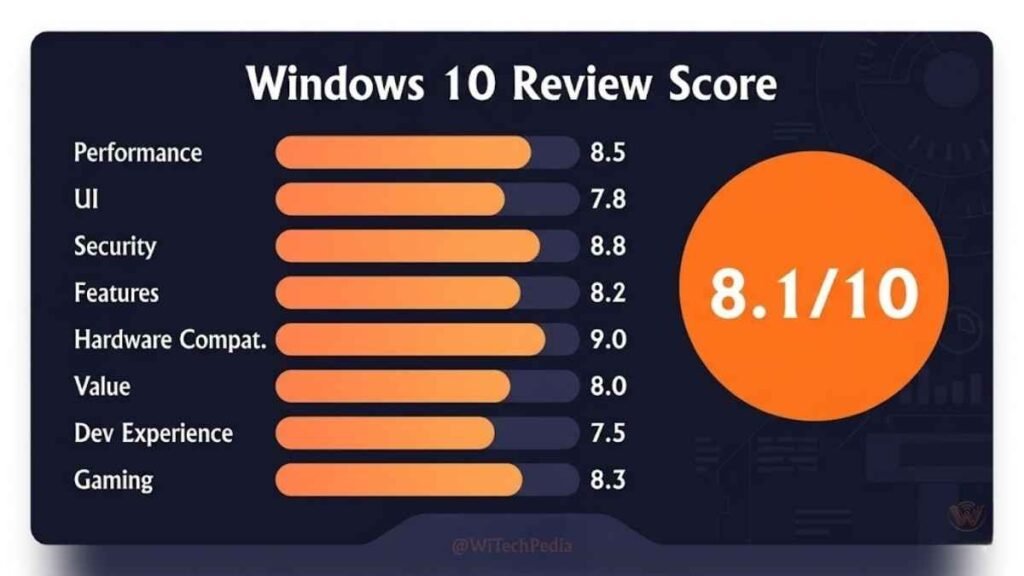 WiTechPedia Windows 10 review scorecard showing ratings for performance, security, UI, and gaming