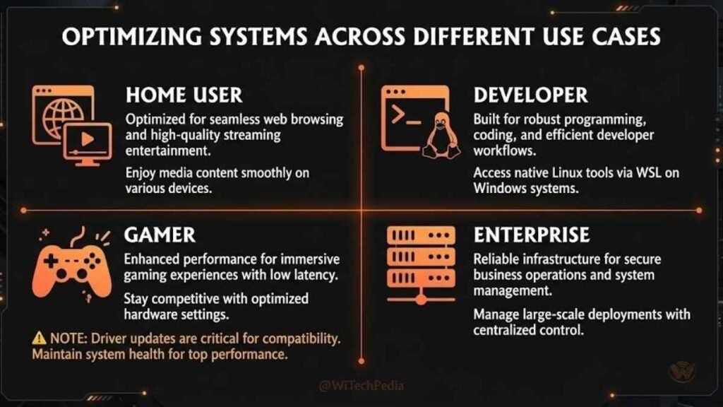Infographic showing Windows 10 real-world use cases across home users, developers, gamers, and enterprise IT