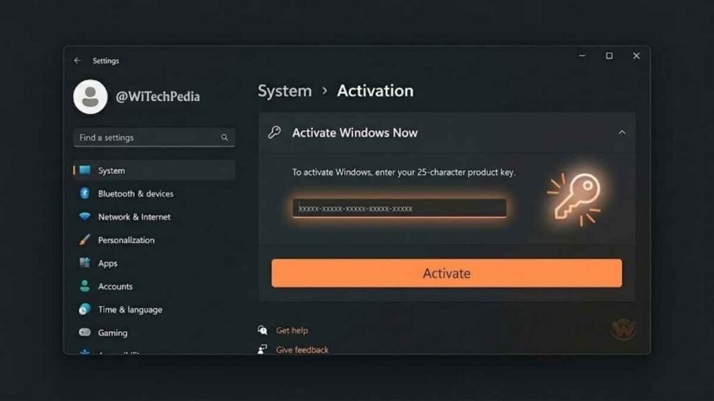 Dark-mode screenshot of the Windows 11 Settings app's System > Activation page. It features an 'Activate Windows Now' section with a 25-character product key input field and an orange 'Activate' button. This image serves as a visual guide showing where to enter a legitimate key, which is part of legal procedures like upgrading an older genuine version when seeking how to activate windows 11 for free.