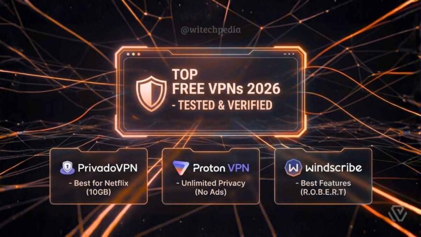 Best Free Vpn Services Of 2026 Comparison Collage Featuring Privadovpn, Proton Vpn, And Windscribe Logos On A Secure Shield Background.