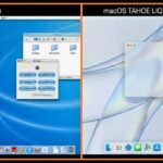 Comparison of the original Mac OS X Aqua interface (2001) and the modern macOS 26 Tahoe Liquid Glass UI.