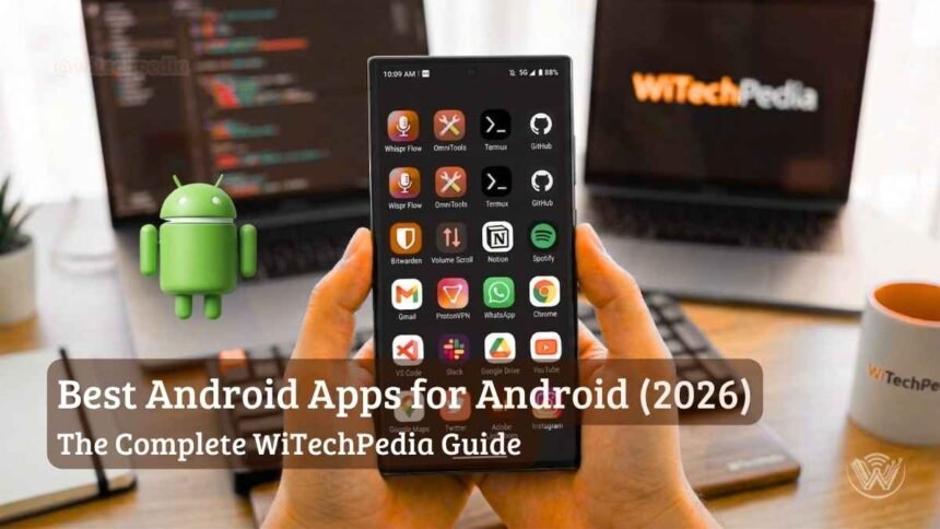 A Modern Smartphone Displaying A Curated Grid Of The Best Android Apps In 2026.