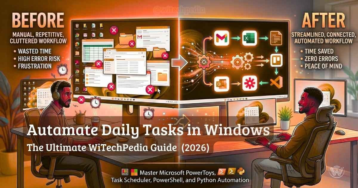 A computer screen demonstrating how to automate daily tasks in Windows 11 using modern productivity tools.