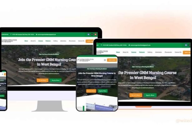 Responsive Web Design Showcase For Seven Rangers Institute Of Nursing Educational Portal On Desktop, Laptop, And Mobile Screens, Featuring Gnm Course Information.