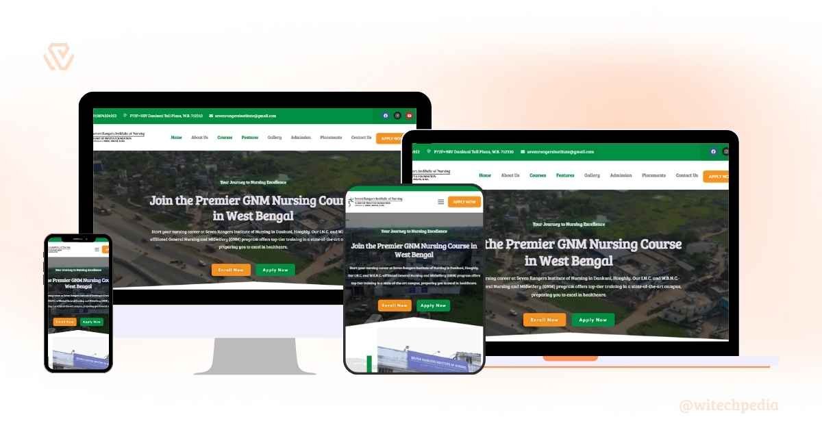 Responsive Web Design Showcase For Seven Rangers Institute Of Nursing Educational Portal On Desktop, Laptop, And Mobile Screens, Featuring Gnm Course Information.
