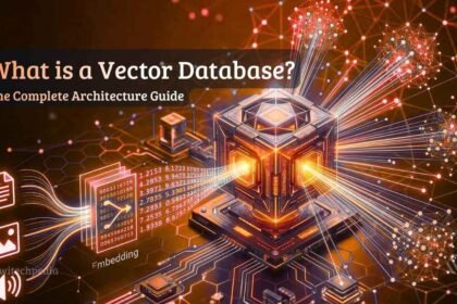A glowing 3D conceptual diagram explaining what is a vector database and how high-dimensional data is stored.