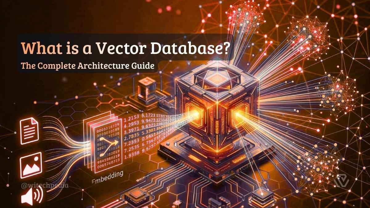A glowing 3D conceptual diagram explaining what is a vector database and how high-dimensional data is stored.