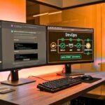 A DevOps engineer using the best prompts for devops to automate deployment with AI on a high-tech dual-monitor setup.