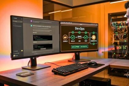 A DevOps engineer using the best prompts for devops to automate deployment with AI on a high-tech dual-monitor setup.
