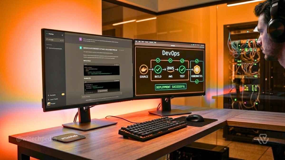 A DevOps engineer using the best prompts for devops to automate deployment with AI on a high-tech dual-monitor setup.