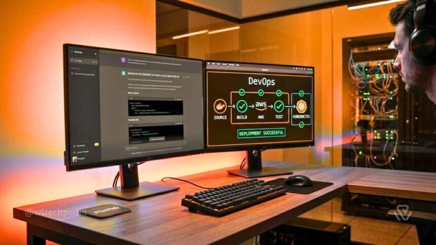 A Devops Engineer Using The Best Prompts For Devops To Automate Deployment With Ai On A High-Tech Dual-Monitor Setup.