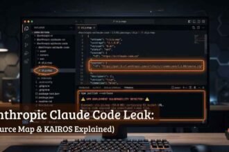 A dark terminal window highlighting the claude code leak npm error and the anthropic source map vulnerability.