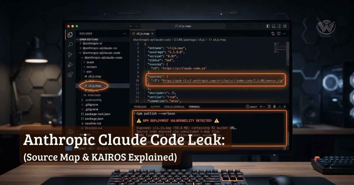 A dark terminal window highlighting the claude code leak npm error and the anthropic source map vulnerability.