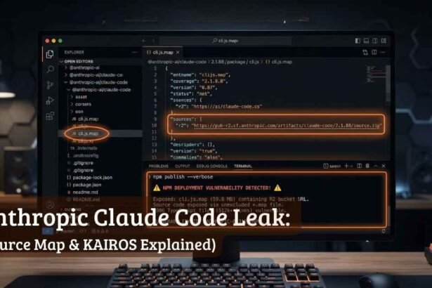 A Dark Terminal Window Highlighting The Claude Code Leak Npm Error And The Anthropic Source Map Vulnerability.