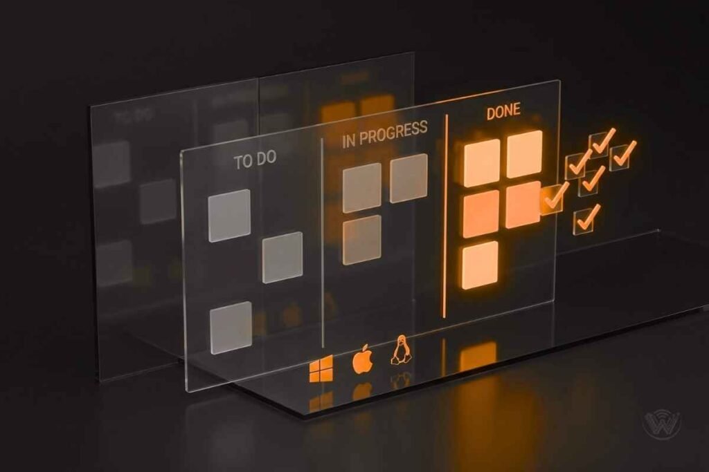 Abstract Kanban boards showcasing the best productivity apps for Windows Mac Linux.