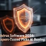 Futuristic glowing shield representing the best antivirus software 2026 protecting a modern PC setup from threats.