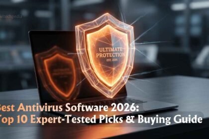 Futuristic glowing shield representing the best antivirus software 2026 protecting a modern PC setup from threats.