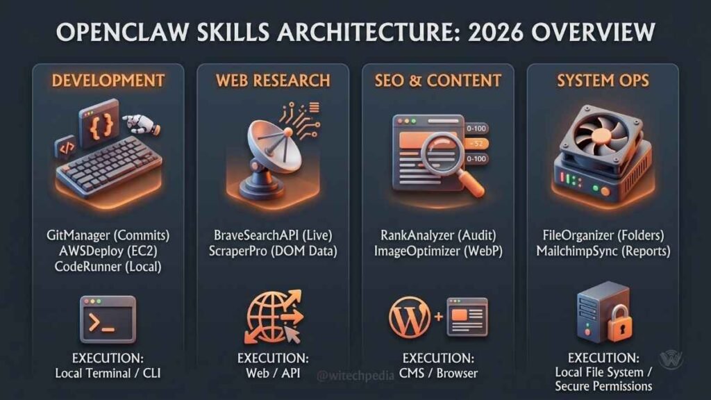 Infographic categorizing the best OpenClaw integrations into Development, SEO, Data, and System Ops.