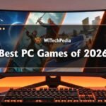 A high-tech PC monitor showing diverse glimpses of best PC games 2026, with orange accents and modern branding.