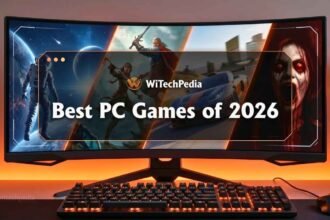 A high-tech PC monitor showing diverse glimpses of best PC games 2026, with orange accents and modern branding.