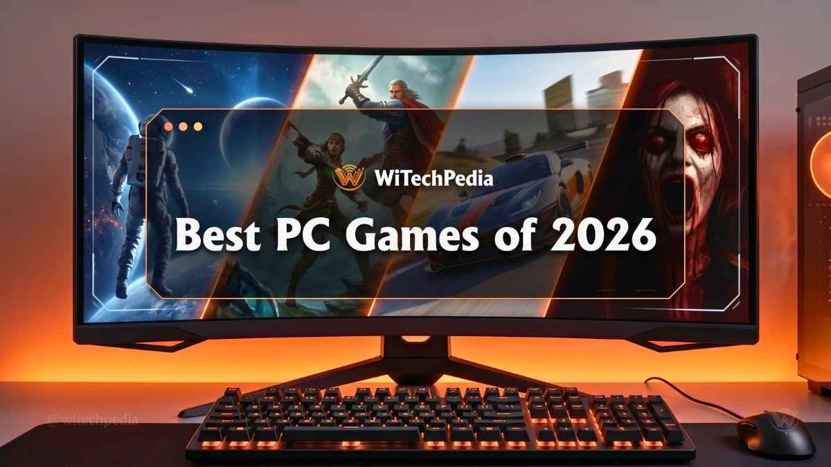 A high-tech PC monitor showing diverse glimpses of best PC games 2026, with orange accents and modern branding.