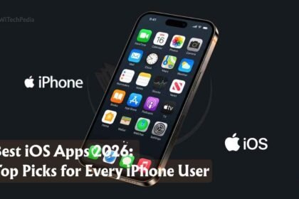An iPhone displaying the best iOS apps of 2026 surrounded by modern tech elements.