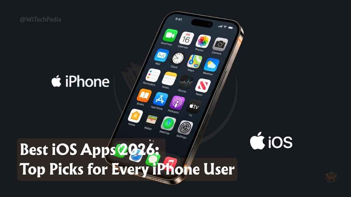 An iPhone displaying the best iOS apps of 2026 surrounded by modern tech elements.