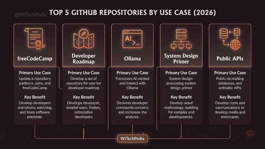 Infographic comparing the best GitHub repositories by primary category, user intent, and real-world application.