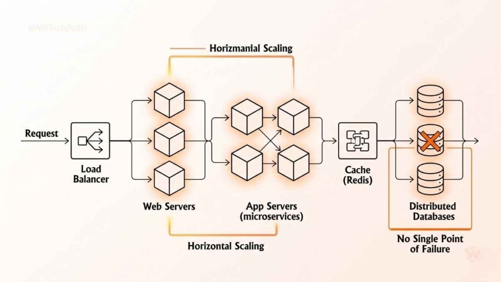 Minimalist architecture diagram showing a high-availability distributed system inspired by the System Design Primer repo.