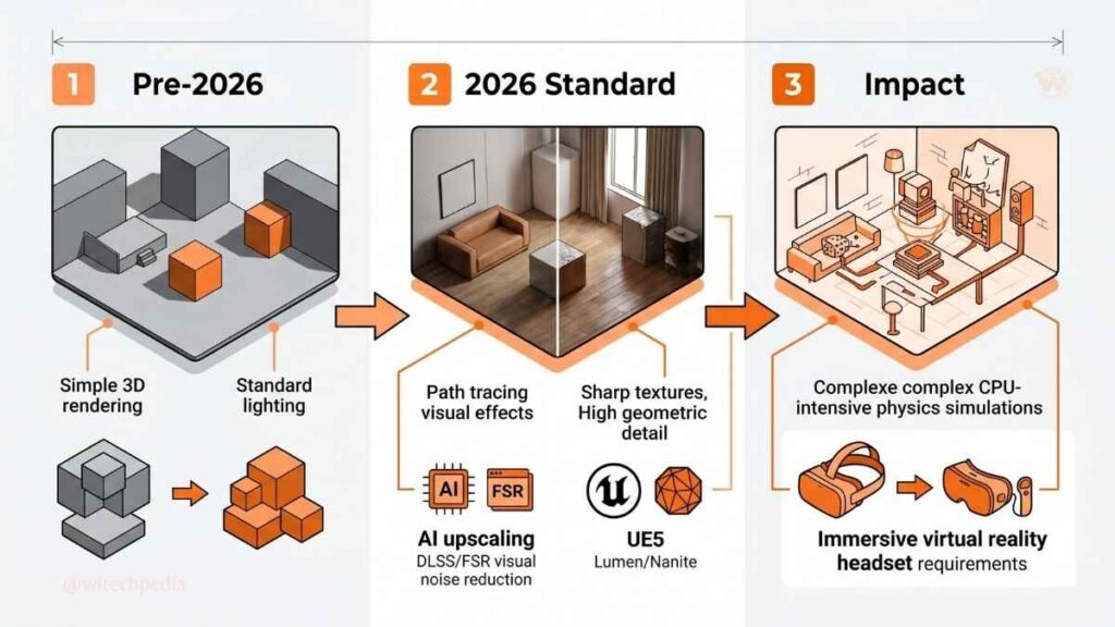 An infographic comparing standard PC rendering and advanced best PC games 2026 graphics tech, with orange highlights.