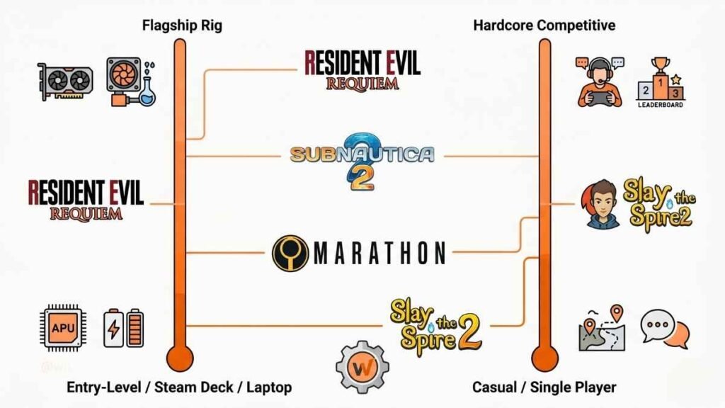 Infographic mapping example best PC games 2026 to a spectrum of hardware requirements and playstyles.