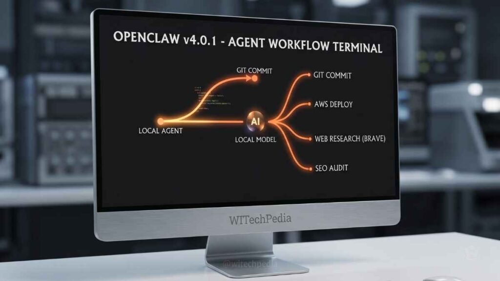 A futuristic glowing terminal showing OpenClaw skills automating workflows for a local AI agent.