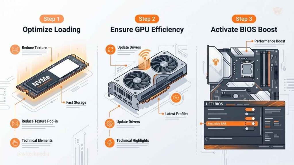 A three-step guide to preparing hardware for best PC games 2026, with icons for SSD, drivers, and BIOS ReBAR.