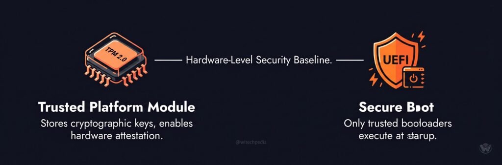 Diagram explaining Windows 11 TPM 2.0 and Secure Boot requirements showing security chip and UEFI boot process