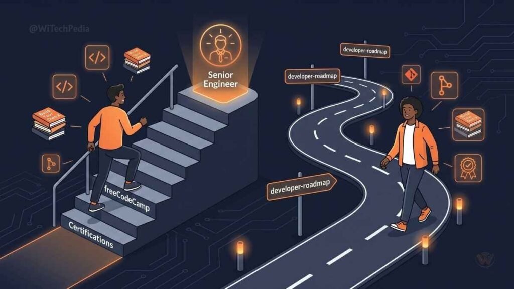 Illustration showing developers leveling up their careers using curated open-source repositories from GitHub.