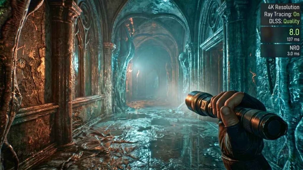 An intense first-person view in a ray-traced horror environment from best PC games 2026, with detailed visuals and lighting.