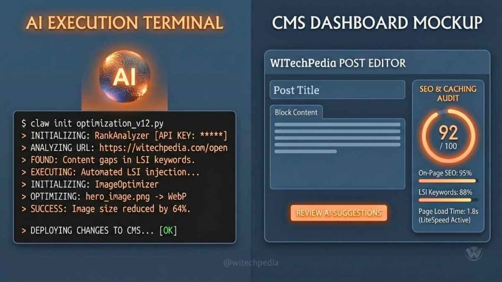 A split-screen showing an AI terminal optimizing SEO metrics on a WordPress CMS dashboard.
