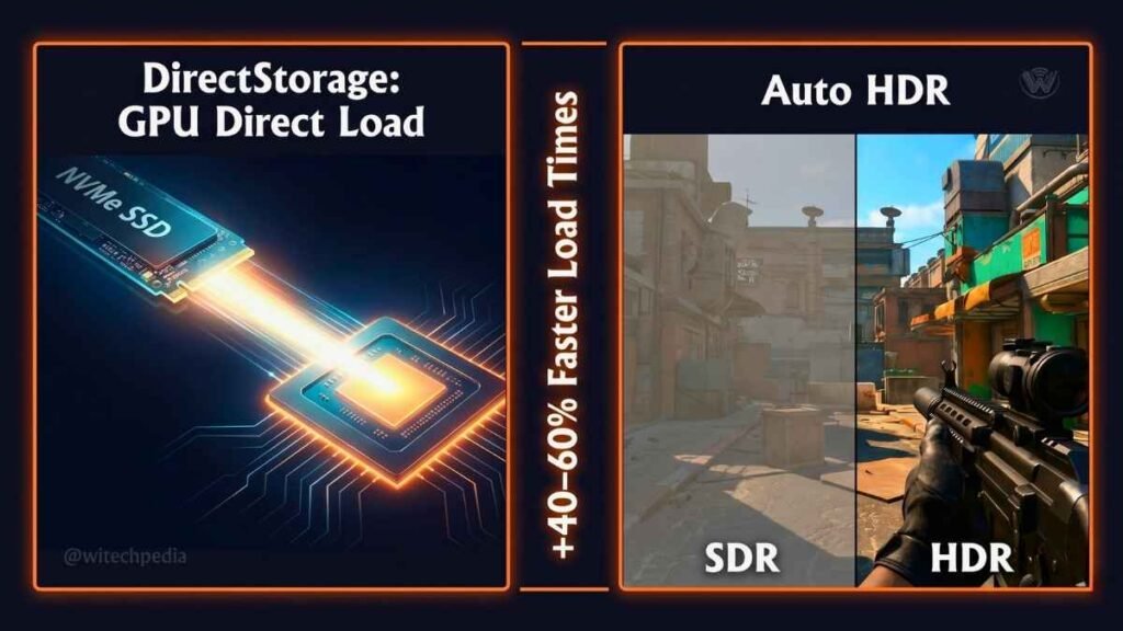 Infographic showing Windows 11 gaming performance improvements with DirectStorage load times and Auto HDR upgrade in 2026