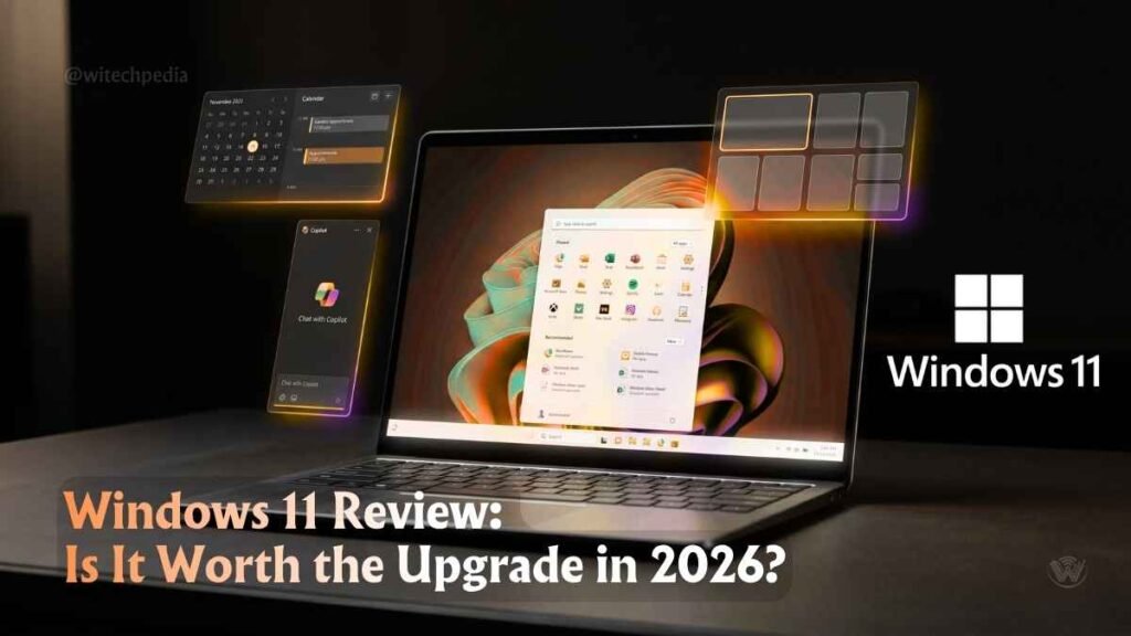 Windows 11 review 2026 showing redesigned desktop UI with centered Start Menu on a modern ultrabook