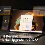 Windows 11 review 2026 showing redesigned desktop UI with centered Start Menu on a modern ultrabook