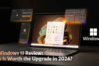 Windows 11 review 2026 showing redesigned desktop UI with centered Start Menu on a modern ultrabook