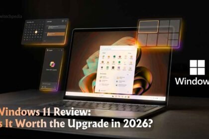 Windows 11 review 2026 showing redesigned desktop UI with centered Start Menu on a modern ultrabook