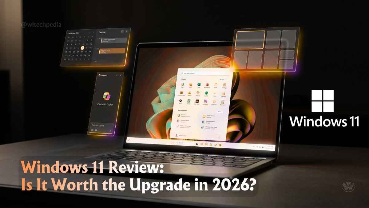 Windows 11 review 2026 showing redesigned desktop UI with centered Start Menu on a modern ultrabook