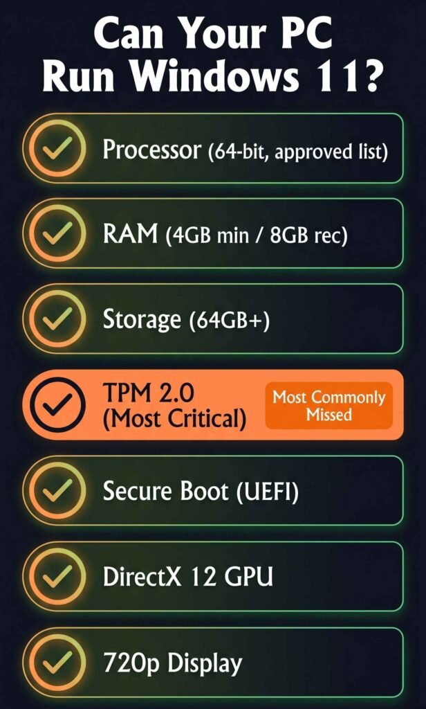Windows 11 system requirements checklist infographic covering TPM 2.0, Secure Boot, RAM, storage, and CPU compatibility