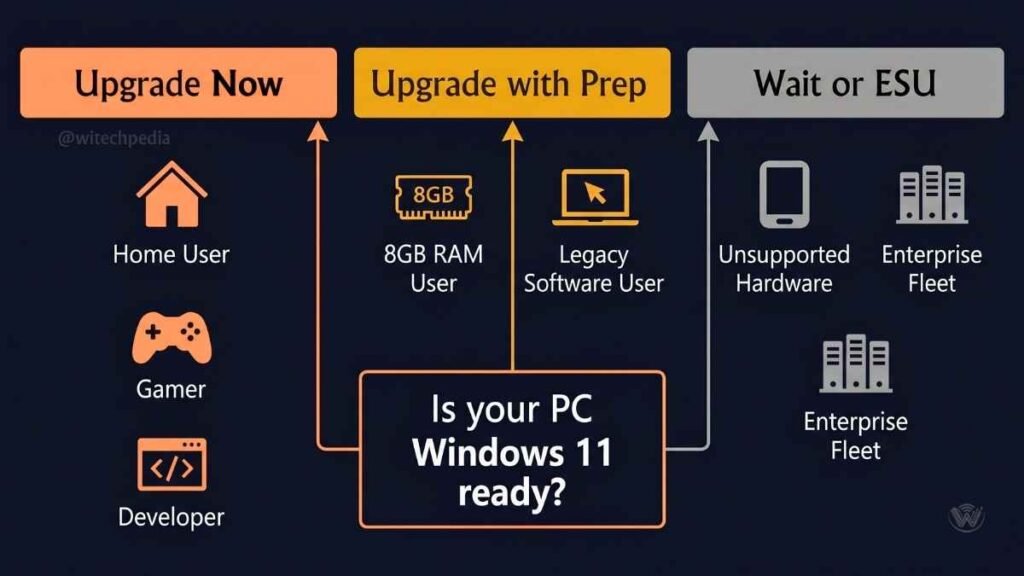 Decision infographic for Windows 11 upgrade showing which users should upgrade now, prepare first, or wait based on use case
